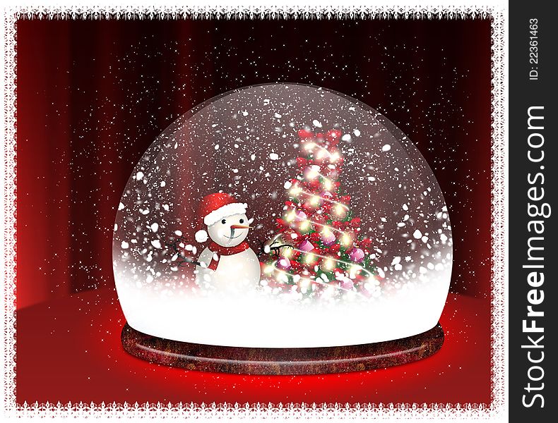 Happy snowman and Chrismas tree in Snow Globe.