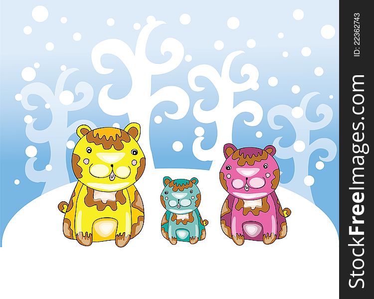 Vector illustration of beautiful christmas background with funny colourful bear family. Vector illustration of beautiful christmas background with funny colourful bear family