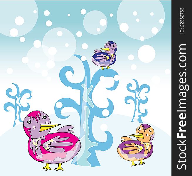 Vector illustration of beautiful christmas background with funny colourful birds. Vector illustration of beautiful christmas background with funny colourful birds