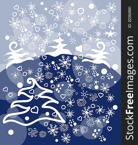 Vector illustration of beautiful christmas background with white trees and snowflakes. Vector illustration of beautiful christmas background with white trees and snowflakes