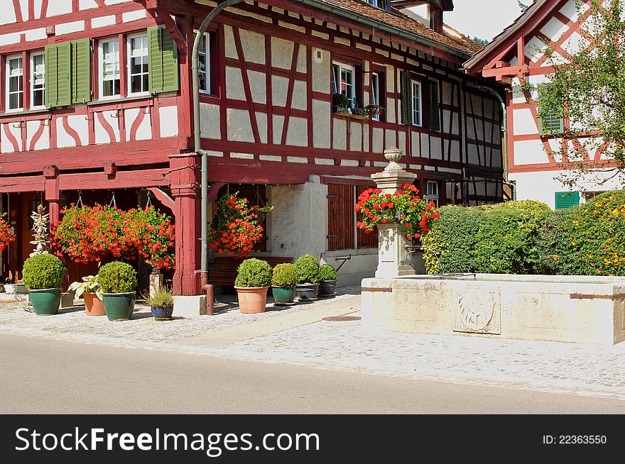 A typical swiss farm house,with flower decoration and a village fountain