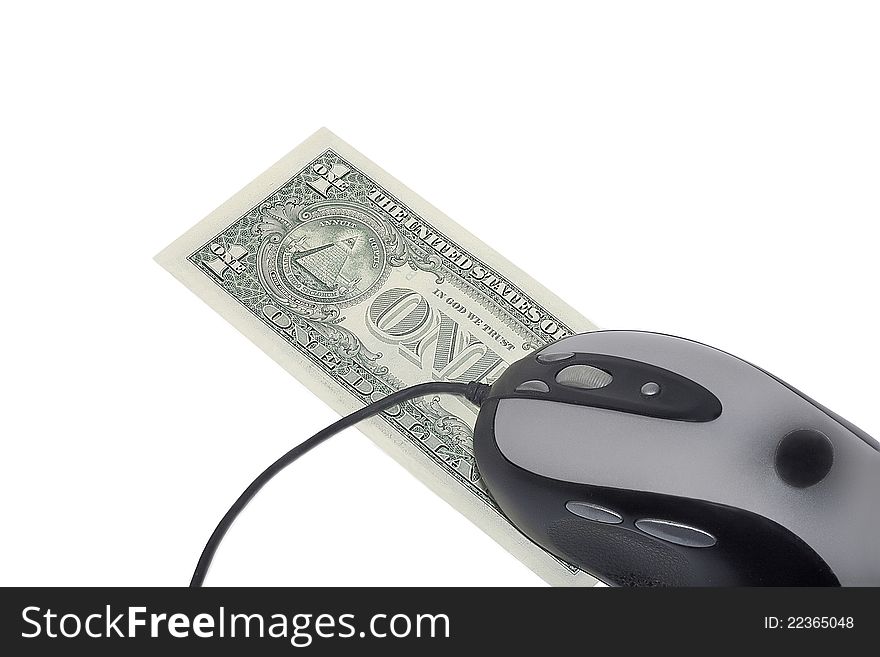 One dollar and a computer mouse on white background