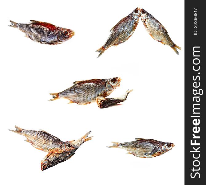 Collection dried fishes isolated on a white background