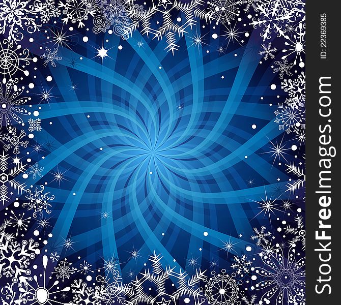 Christmas dark blue frame with snowflakes, stars and rays (vector EPS 10)