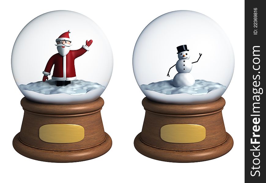 Two snow globe with Santa and Snowman