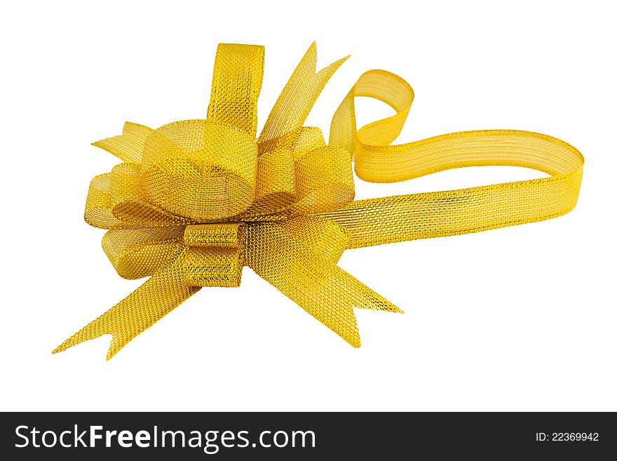Golden gift bow. Ribbon on white background