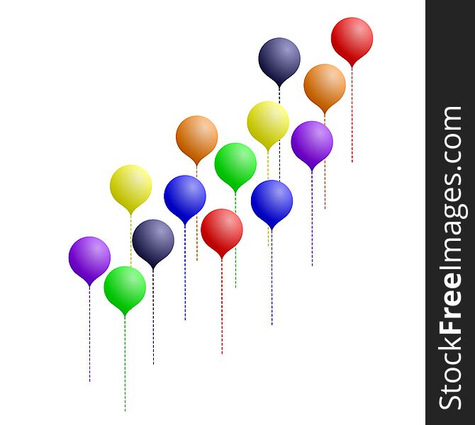 An abstract illustration featuring a spray helium balloons in rainbow colors, on a white background. An abstract illustration featuring a spray helium balloons in rainbow colors, on a white background