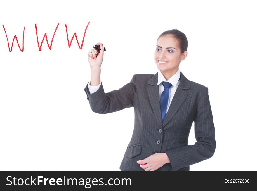 Young businesswoman writing WWW on glass on white background