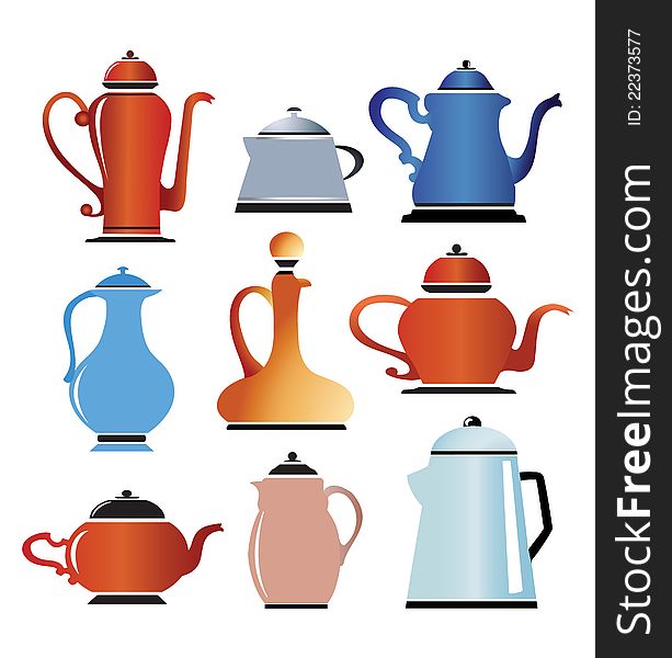 A set of silhouettes colored cookware color on white