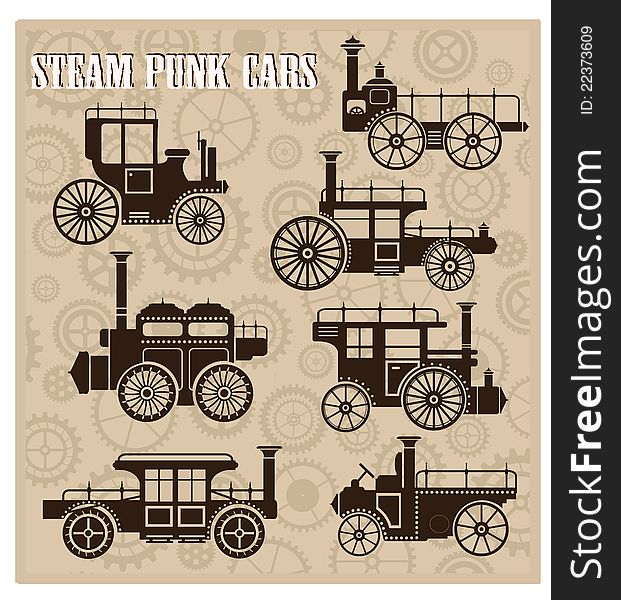 A set of silhouettes of vintage cars in the style of steam-punk. A set of silhouettes of vintage cars in the style of steam-punk