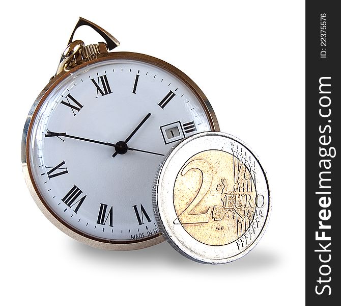 Concept image. Pocket watch and Euro coin, is time running out for the Euro zone countries?. Concept image. Pocket watch and Euro coin, is time running out for the Euro zone countries?