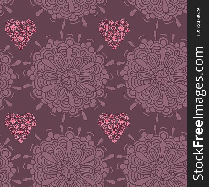 Pattern, raster, vector illustration, large flower, heart, small flowers, many of the details. Pattern, raster, vector illustration, large flower, heart, small flowers, many of the details