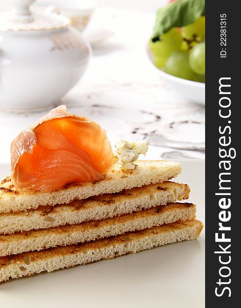 Salmon smoked end bread on white background