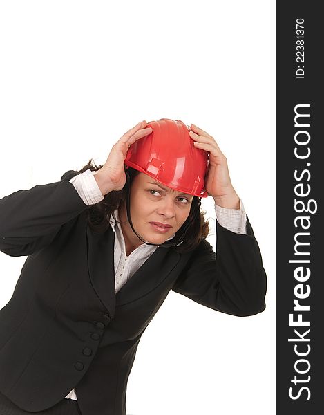 Business woman with red helmet, isolated on white