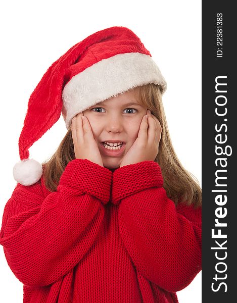 Portrait of beautiful little girl wearing santa claus clothes. Isolated on a white background