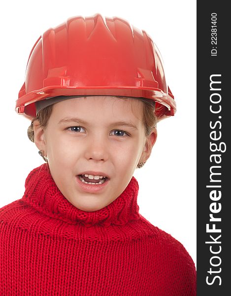 Girl with a red helmet, isolated on white