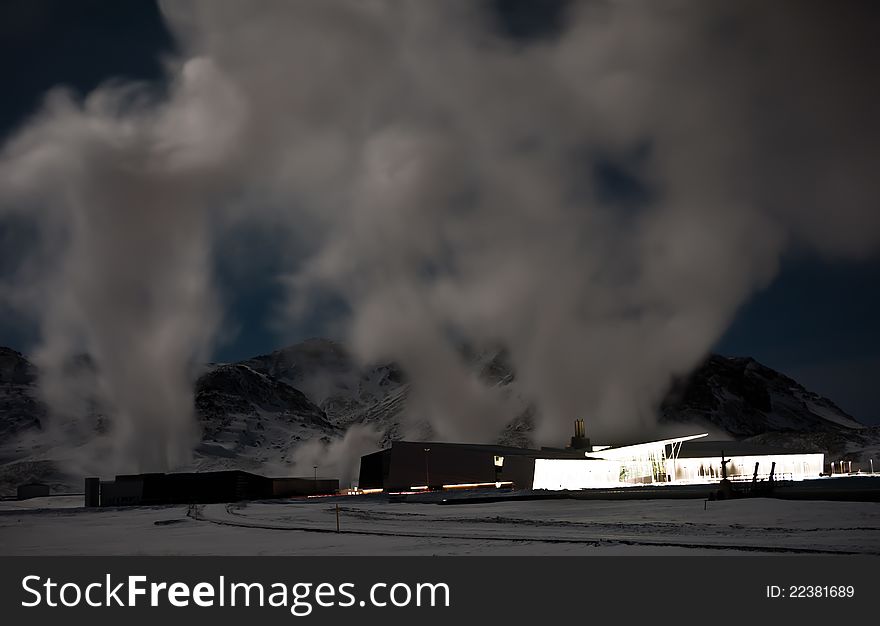 Photo of hot water plant in iceland called Hellisheidavirkjun. picture taken at night. Photo of hot water plant in iceland called Hellisheidavirkjun. picture taken at night.