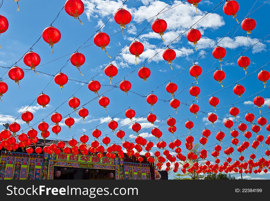 Red lanterns and blue sky.