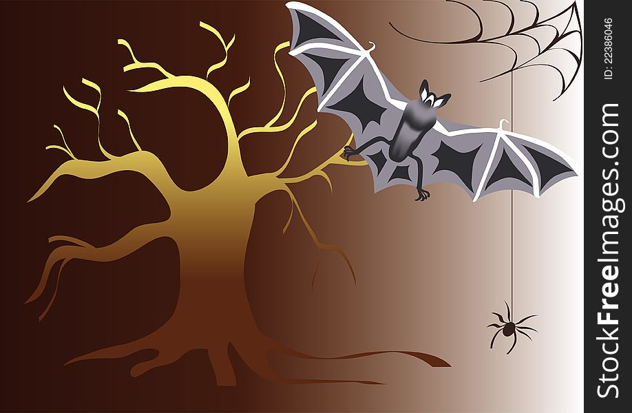 Halloween background, tree, bat and spider