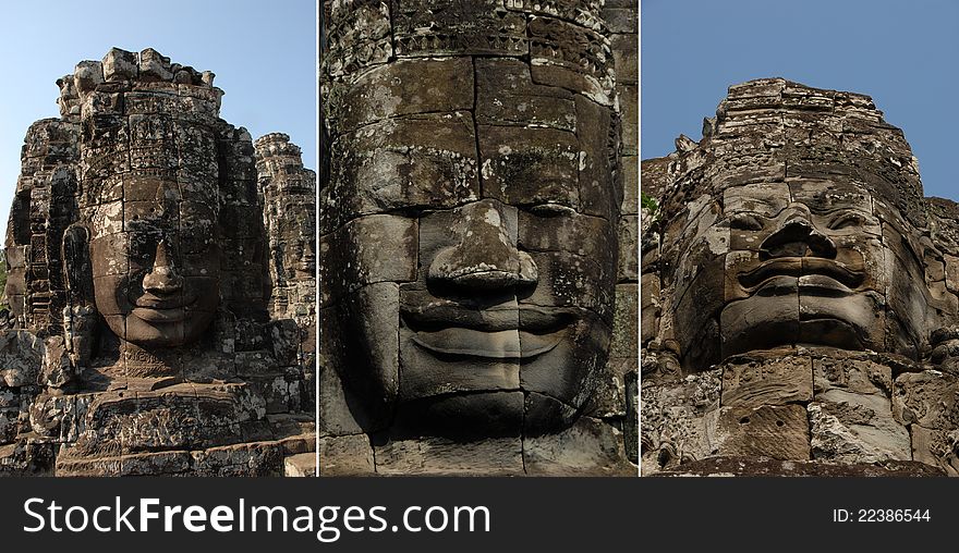 Huge carved face in ruins of temple in Cambodia. Huge carved face in ruins of temple in Cambodia