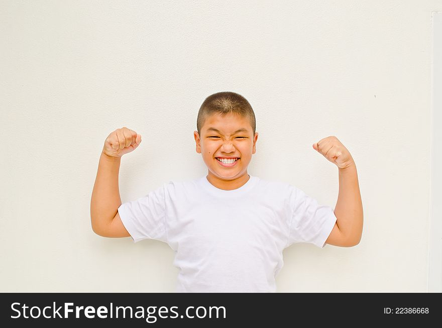 Strong asian boy on white background