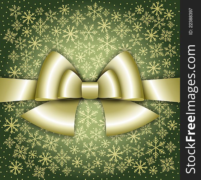 Elegant Christmas greeting card with golden bow on light green background with snowflakes. Elegant Christmas greeting card with golden bow on light green background with snowflakes.