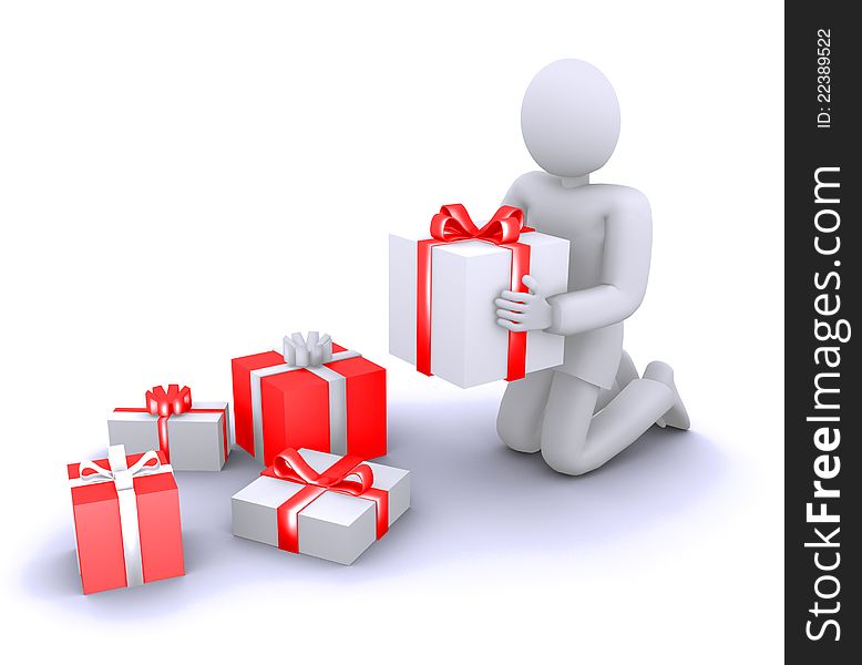 3d human opening gifts with red and white ribbons