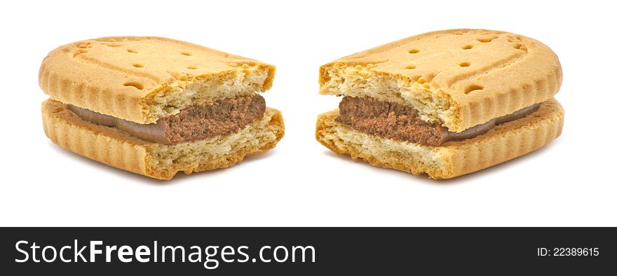 Biscuit with chocolate cream on white background