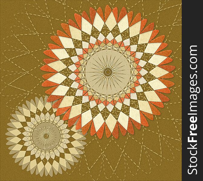 An abstract illustration featuring warm tan and orange geometric mandalas on a buckskin-colored background with a stitched mandala. An abstract illustration featuring warm tan and orange geometric mandalas on a buckskin-colored background with a stitched mandala.