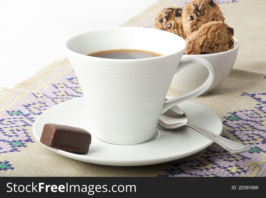 Coffee and cake on white background