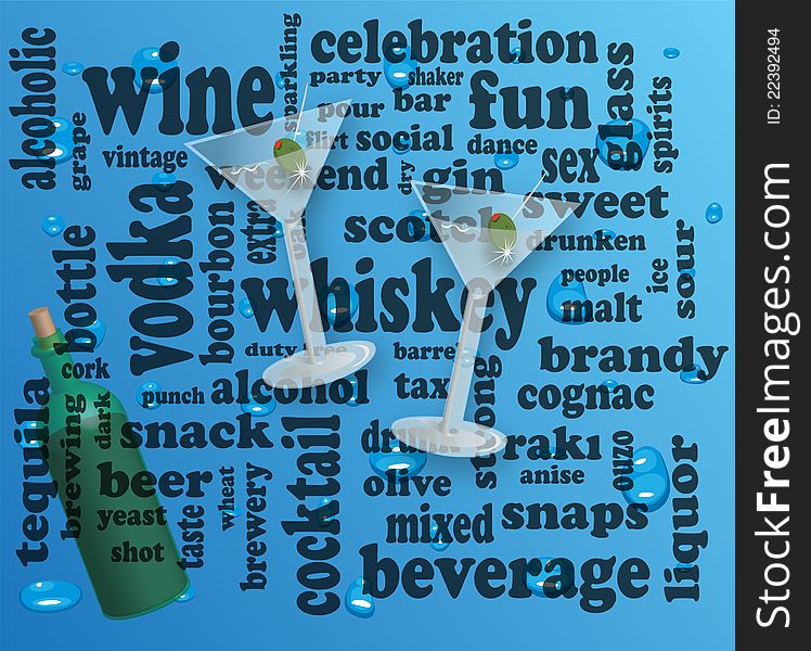 Alcohol word cloud background with glass and bottle s. Alcohol word cloud background with glass and bottle s