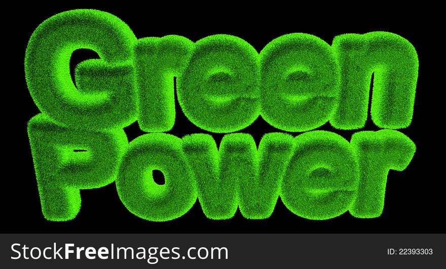 Green power word from grass on black background