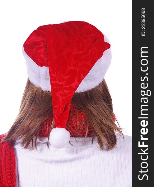 Girl head with christmas hat and scarf over white. Girl head with christmas hat and scarf over white