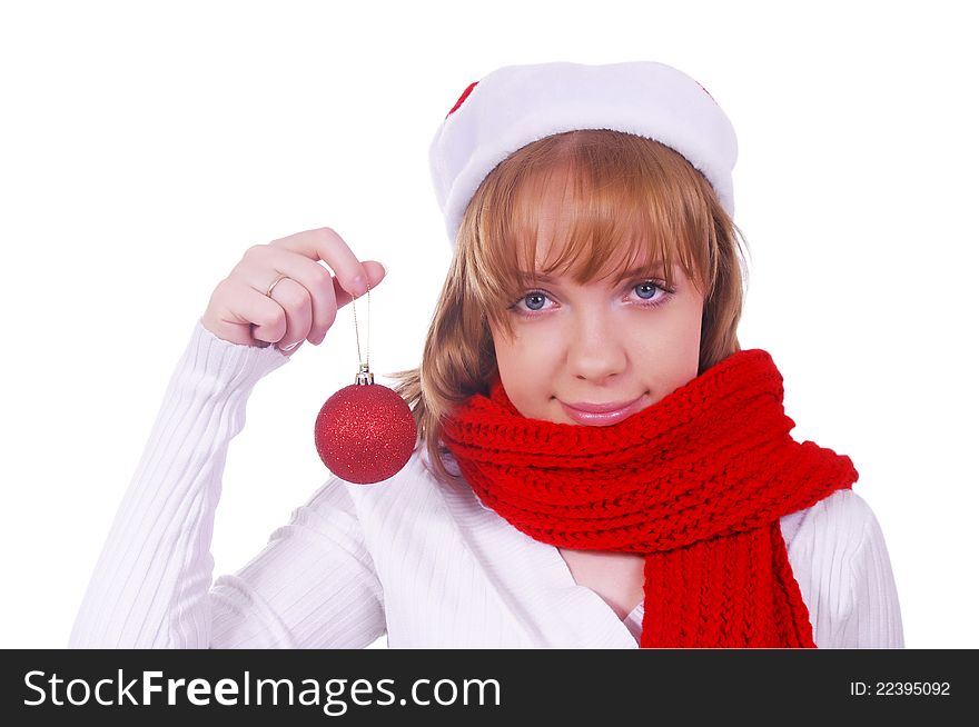 Girl with christmas hat and scarf over white. Girl with christmas hat and scarf over white