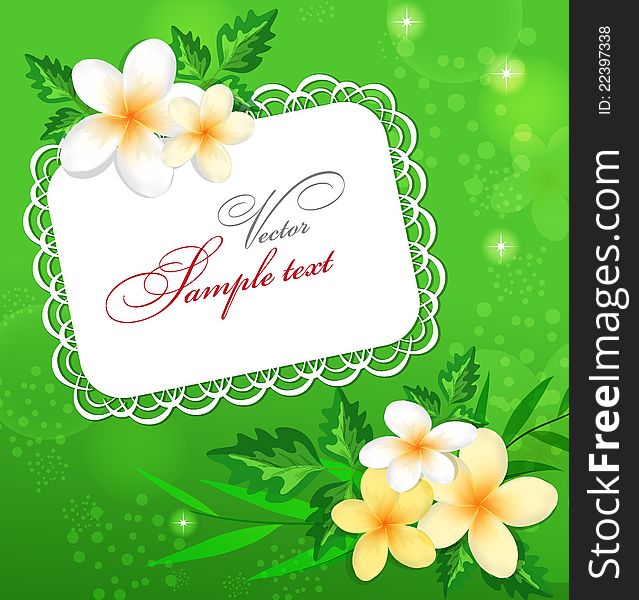White sheet of paper and flowers on a green background. White sheet of paper and flowers on a green background