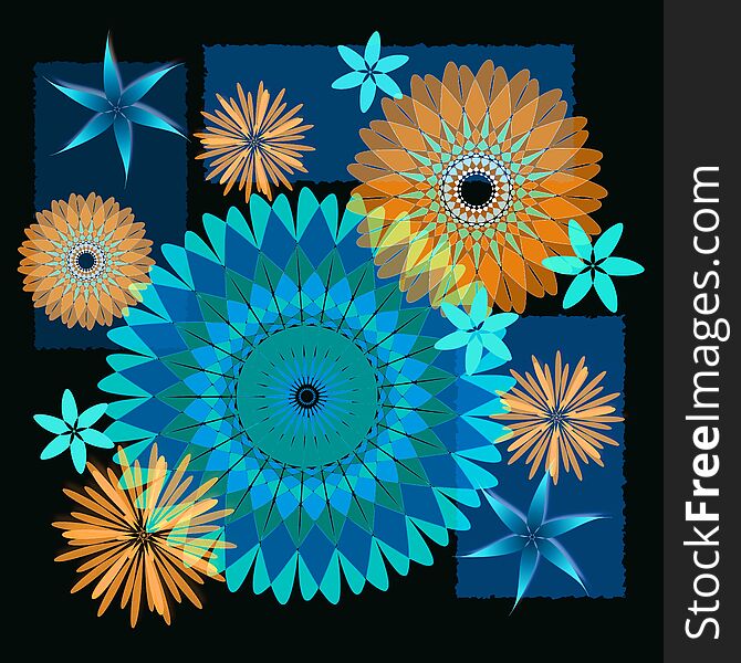 An abstract illustration featuring orange, blue and blue-green geometric star-flowers, with blue embellishments, on a black background. Deep, dramatic, vibrant. An abstract illustration featuring orange, blue and blue-green geometric star-flowers, with blue embellishments, on a black background. Deep, dramatic, vibrant.