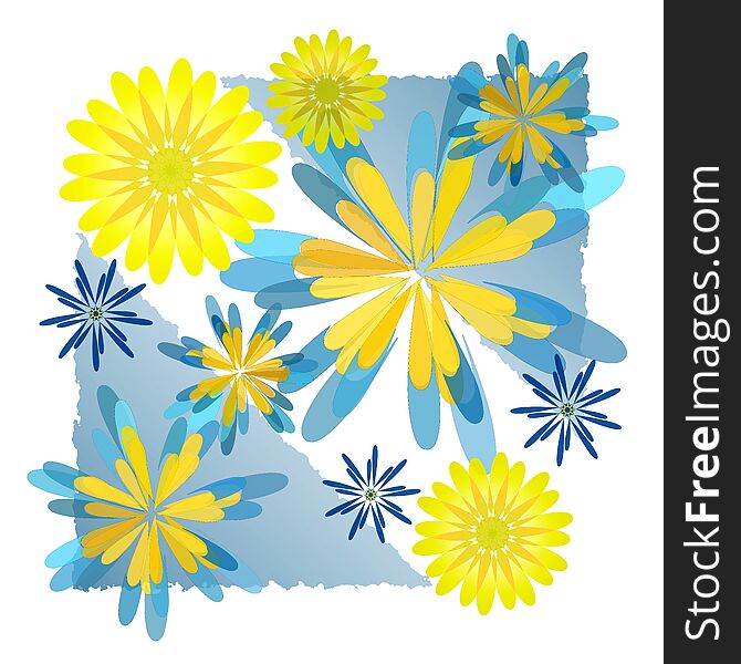 An abstract illustration featuring yellow and blue geometric star-flowers, on a blue and white background. Clean, crisp, sunny and bright. An abstract illustration featuring yellow and blue geometric star-flowers, on a blue and white background. Clean, crisp, sunny and bright.