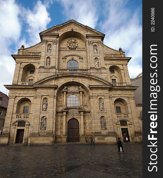 This is St. Martin Church in Bamberg, Germany after an early morning rain.