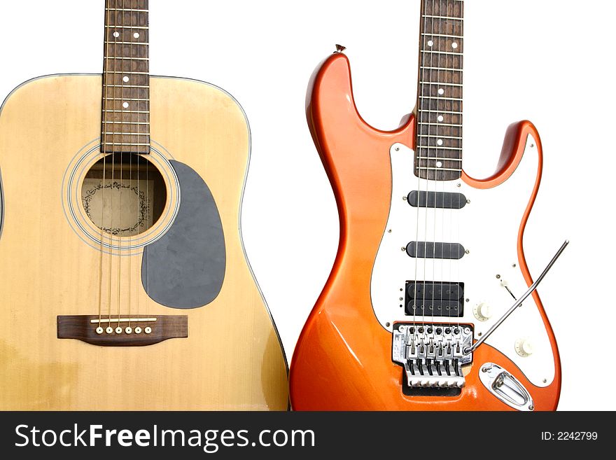An electric and acoustic guitars on a white background