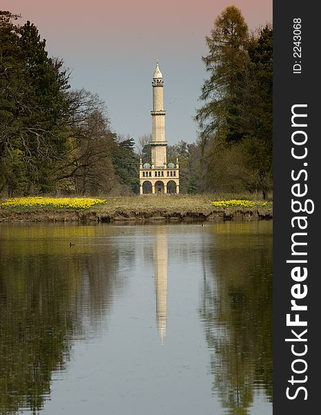 Minaret tower in gardens of chateau Lednice, south Moravia. Czech Republic