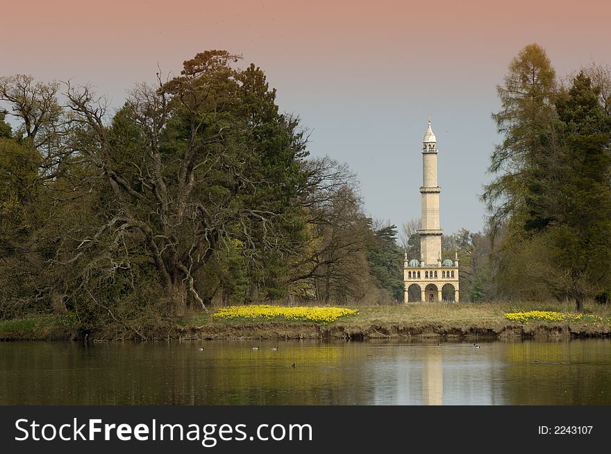 Minaret tower in gardens of chateau Lednice, south Moravia. Czech Republic