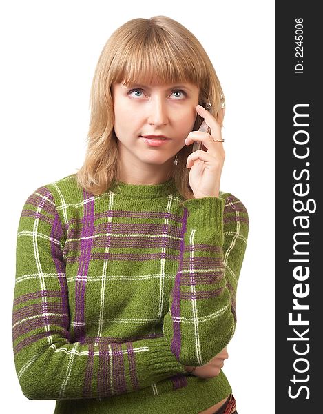 Portrait of the girl talking by mobile phone on a white background. Portrait of the girl talking by mobile phone on a white background