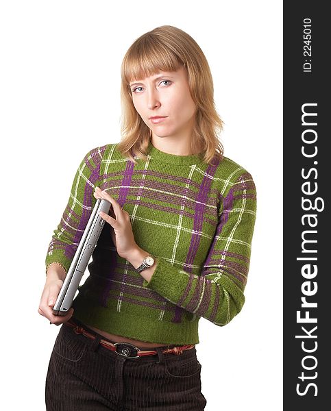 Portrait of the strict nice girl with a notebook on a white background. Portrait of the strict nice girl with a notebook on a white background