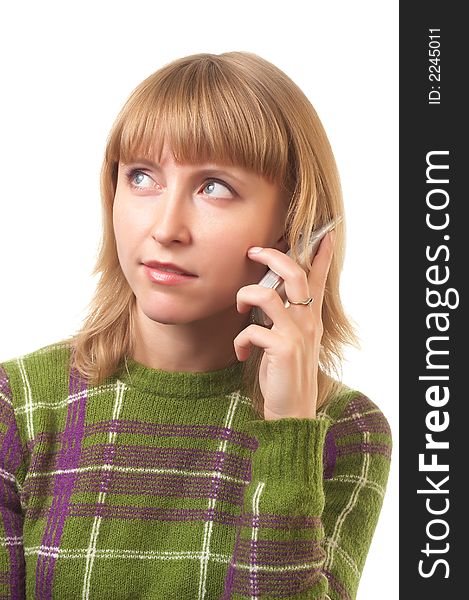 Portrait of the girl talking by mobile phone on a white background. Portrait of the girl talking by mobile phone on a white background