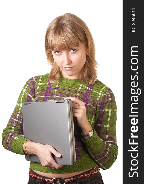 Portrait of the nice girl with a notebook on a white background. Portrait of the nice girl with a notebook on a white background
