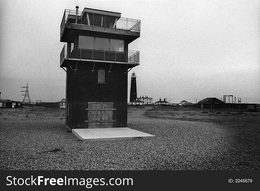 A lookout tower/control tower shot on bw film