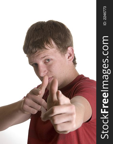 Young male teenager wearing red shirt pointing fingers