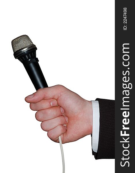 Mans hand with microphone on white isolated