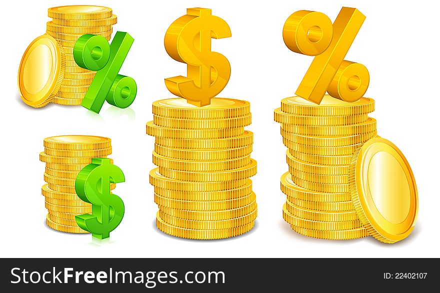 Golden coins with dollar and percent sign on white background, vector illustration. Golden coins with dollar and percent sign on white background, vector illustration