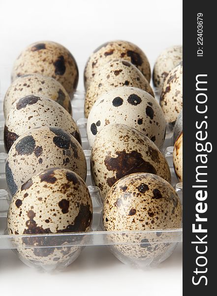 Closeup of colorful dotted quail eggs in their box